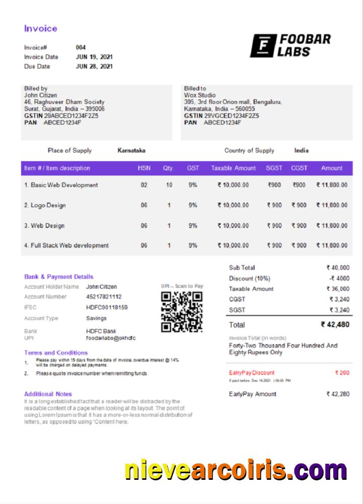 India Foobar Labs Information Technology Company invoice, version 2